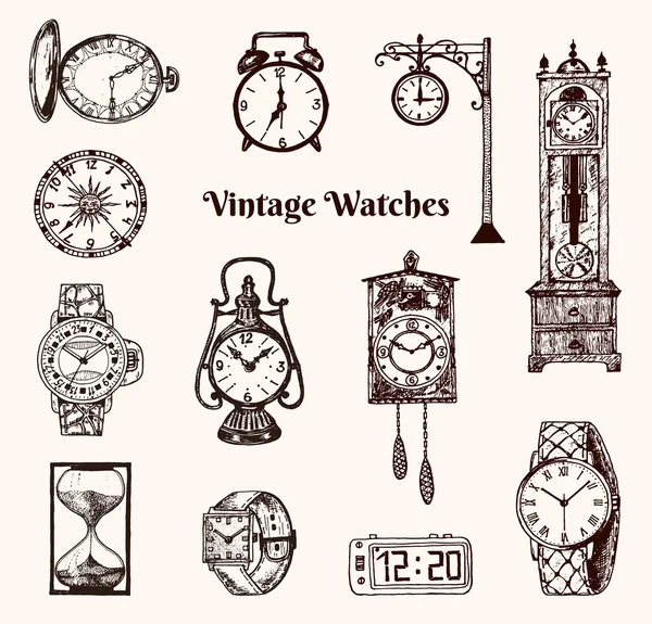 Vintage classic pocket watch, alarm clock, hourglass and dial showing time. Ancient collection elements. Engraved hand drawn old monochrome sketch. Stock Vector
