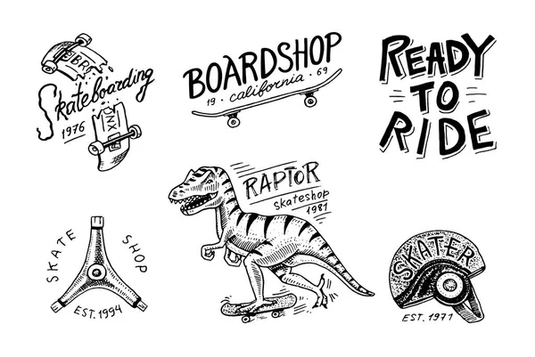 Conjunto de etiquetas de skate logotipo. Skater Dinosaur tyrannosaur rex passeios no board.. Design urbano para emblemas, emblemas tipografia t-shirt. gravada mão desenhada esboço em estilo vintage monocromático . —  Vetores de Stock