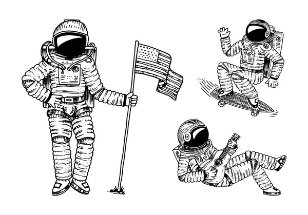 우주 비행사는 미국 국기와 함께 급증입니다. 스케이트 보드와 기타 우주인을 춤. 천문학은 공간에 있는 모험. 우주 비행사는 태양계에 있는 행성을 탐구 한다. 새겨진된 손으로 그린된 스케치 — 스톡 벡터
