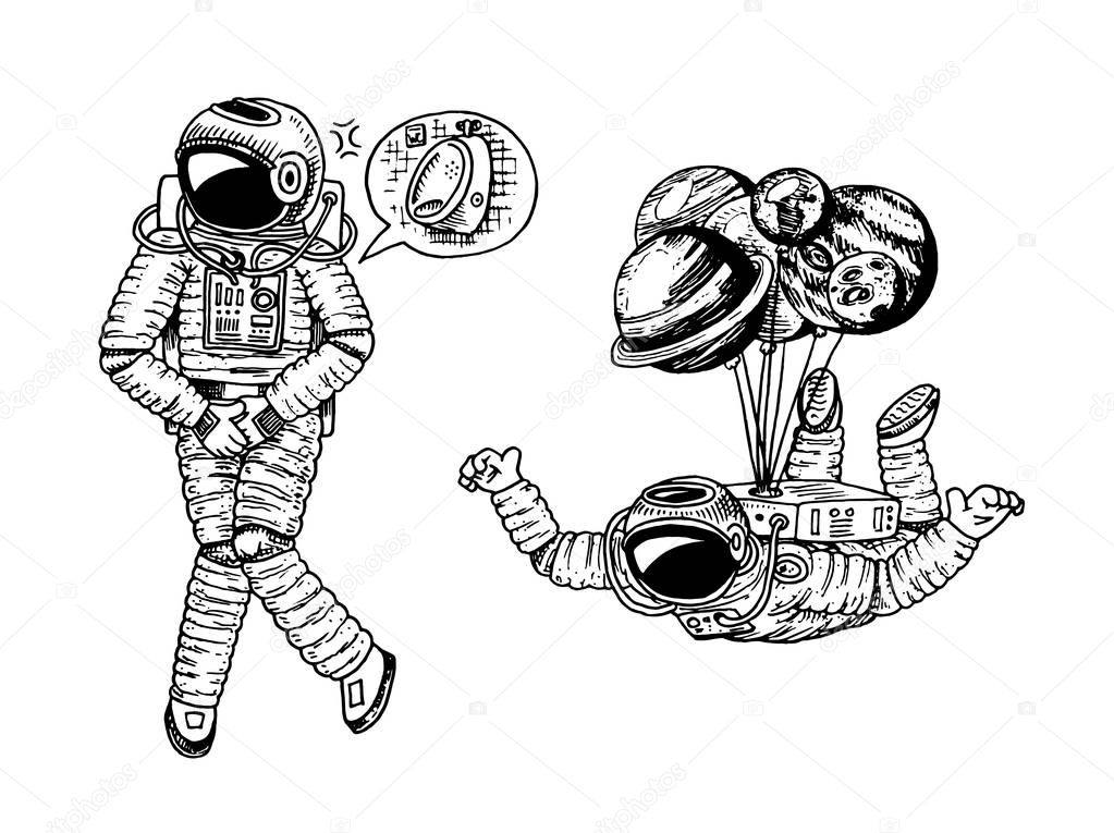 Astronaut spaceman with balloons moon, sun earth, mars venus. astronomical galaxy space. cosmonaut explore adventure. wc restroom symbol. engraved hand drawn in old sketch. planets in solar system.