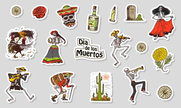 Dancing Skeletons. Day of the dead stickers. Mexican national holiday. Original inscription in Spanish Dia de los Muertos. Play the violin, trumpet and guitar. Hand drawn engraved sketch. — Stock Vector