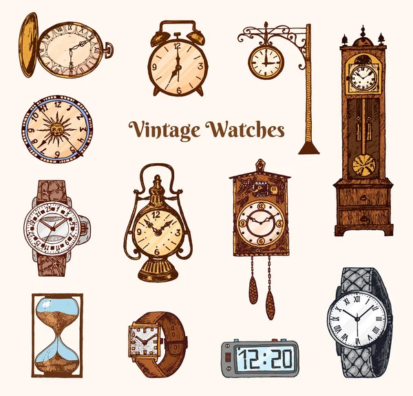 Vintage classic pocket watch, alarm clock, hourglass and dial showing time. Ancient collection elements. Engraved hand drawn old monochrome sketch. Stock Illustration