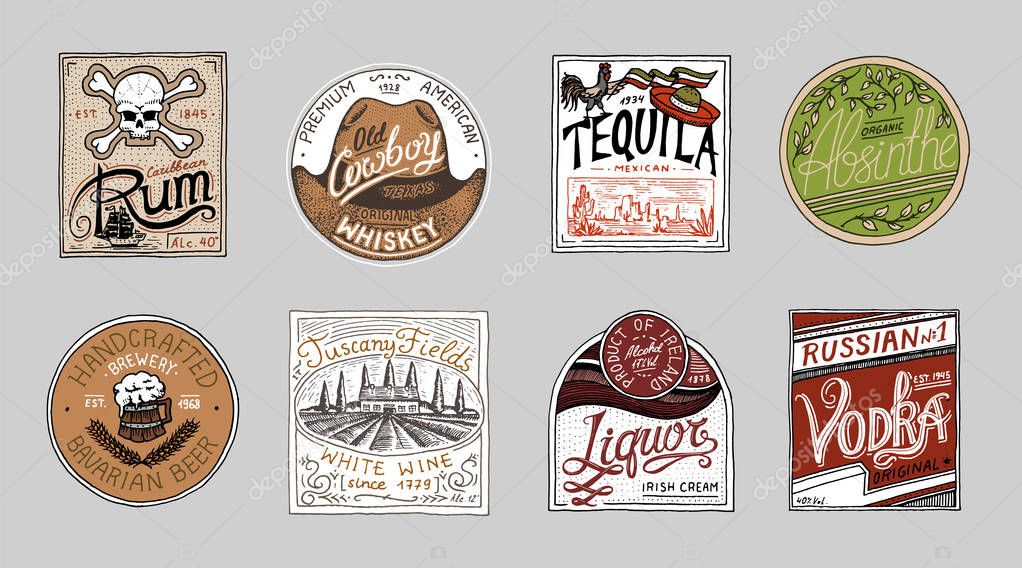 Vintage American badge. Absinthe Tequila Vodka Liqueur Rum Wine Strong whiskey Beer. Alcohol Label with calligraphic elements. Frame for poster banner. Hand drawn engraved lettering for t-shirt