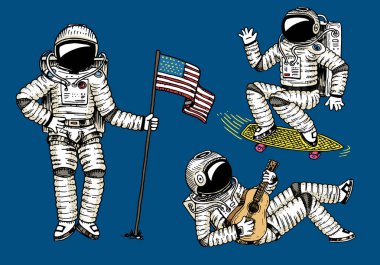 ABD bayrağı ile yükselen astronot. Spaceman kaykay ve gitar ile dans ediyor. astronomik gökada uzayda macera. kozmonot gezegenler Güneş sisteminde araştırıyor. oyma el çizilmiş kroki