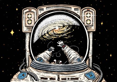 Yükselen astronot uzay adamı. astronomik galaxy alan. Komik kozmonot macera keşfetmek ve uzay giysisi yansıtılır. oyma el çizilmiş kroki. gezegenler Güneş sisteminde. Web sitesi için arka plan.