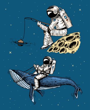 Ayda bir olta ile astronot uzay adamı. astronomik galaxy alan. Komik kozmonot macera keşfedin. oyulmuş elle çizilmiş eski kroki. Güneş sistemindeki gezegenler arasında mavi balina