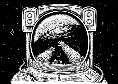 Yükselen astronot uzay adamı. astronomik galaxy alan. Komik kozmonot macera keşfetmek ve uzay giysisi yansıtılır. oyma el çizilmiş kroki. gezegenler Güneş sisteminde. Web sitesi için arka plan.