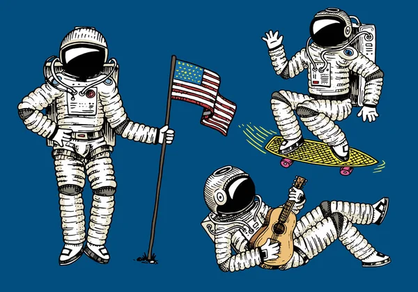 宇宙飛行士アメリカ国旗と高騰。スケート ボードとギターで宇宙飛行士を踊る。天文学的な銀河宇宙を冒険します。宇宙飛行士は、太陽系の惑星をについて説明します。刻まれた手描きのスケッチ — ストックベクタ