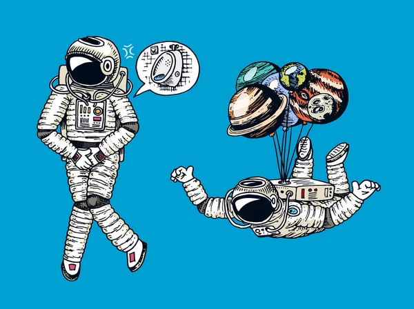 Astronaut spaceman met ballonnen maan, zon, aarde, mars venus. astronomische galaxy ruimte. kosmonaut verkennen avontuur. WC toilet symbool. gegraveerde hand getrokken in oude schets. planeten in het zonnestelsel. — Stockvector