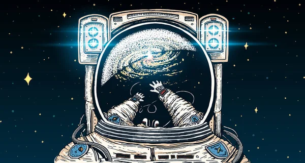 宇宙飛行士宇宙飛行士は高騰。天文学的な銀河空間。面白い宇宙飛行士の冒険を探索し、宇宙服に反映されます。刻まれた手描きのスケッチ。太陽系の惑星。ウェブサイトの背景. — ストックベクタ
