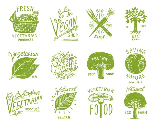 Logotipos de alimentos orgânicos saudáveis conjunto ou rótulos e elementos para vegetariano e fazenda produtos vegetais naturais verdes, ilustração vetorial. distintivos vida saudável. mão gravada desenhada em esboço antigo . — Vetor de Stock