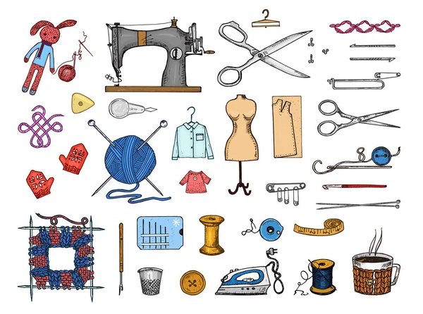 Set of sewing tools and materials or elements for needlework. Handmade equipment. Tailor shop for labels, badgess. thread and needle, mannequin. engraved hand drawn realistic in old vintage sketch. — Stock Vector