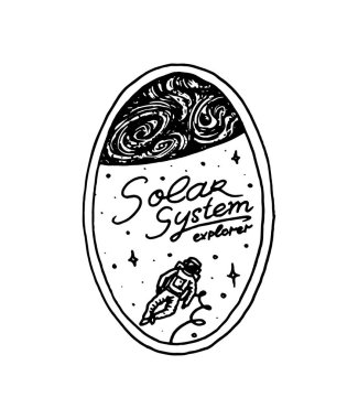 Vintage alanı logolu astronot. Astronomik galaksinin keşfi. görev uzay adamı. kozmonot macera. Gezegen ve uydu rozet T-shirt sticker amblemi. oyma el çizilmiş kroki.