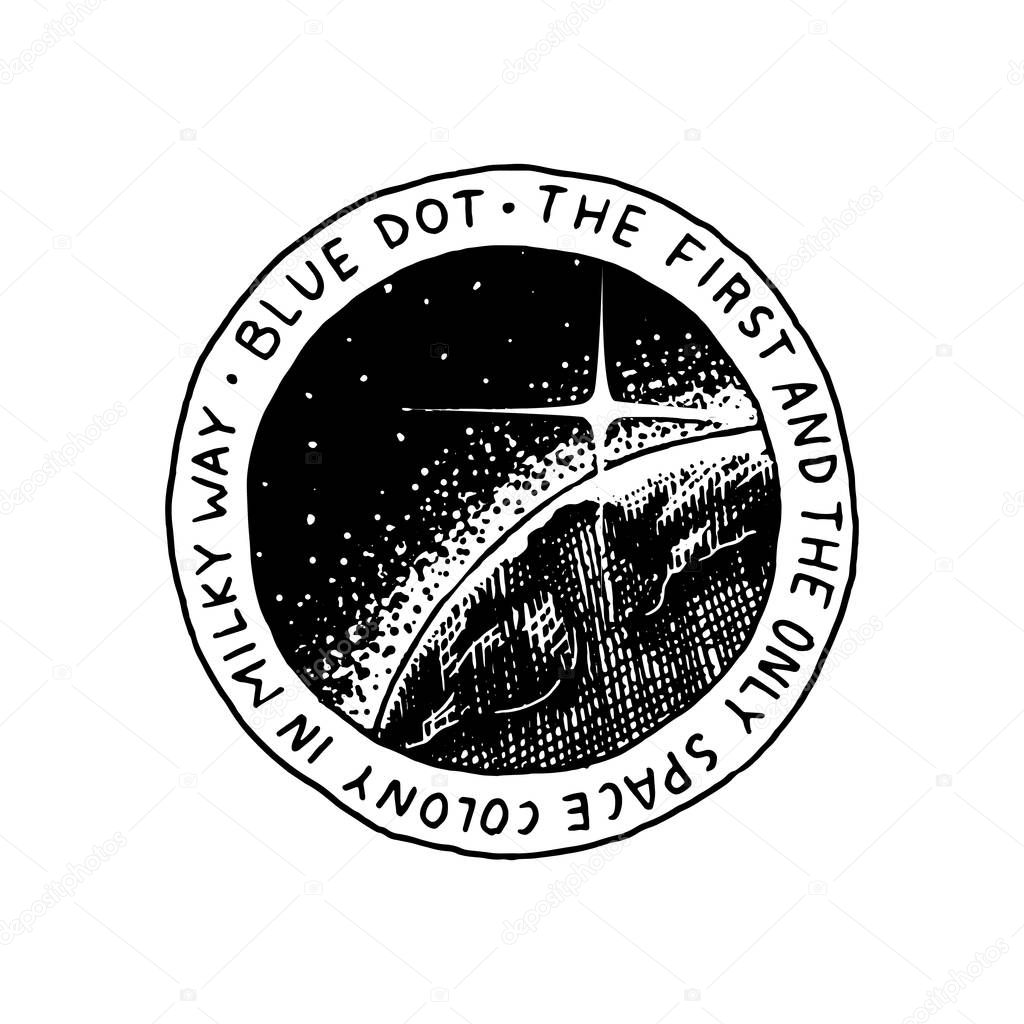 Mission of Mars logo. Exploration of the astronomical galaxy and Space. Adventure for the Spaceman Astronaut. Planet and satellite badge emblem T-shirt sticker. Vintage engraved hand drawn sketch