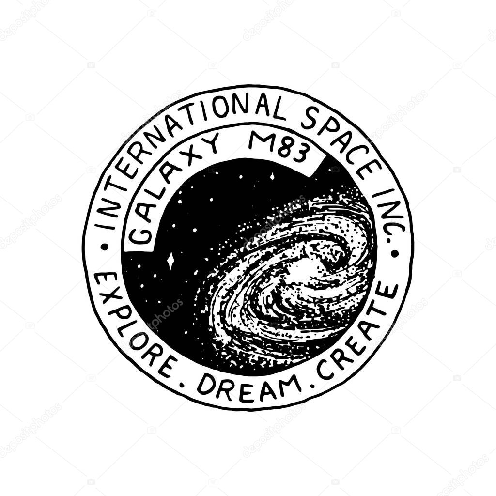 Mission of Mars logo. Exploration of the astronomical galaxy and Space. Adventure for the Spaceman Astronaut. Planet and satellite badge emblem T-shirt sticker. Vintage engraved hand drawn sketch