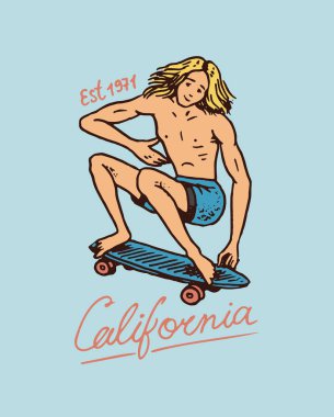 Kaykay için etiket. Genç yönetim kurulu veya longboard ile kentsel patenci adam. Kentsel yönetim kurulu kırık. rozet amblemi t-shirt tipografi. oyma el tek renkli vintage tarzı çizilmiş kroki.