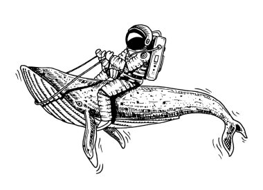 Mavi balina ile astronot uzay adamı. astronomik galaxy alan. Komik kozmonot macera keşfedin. Güneş sisteminde eski sketch.planets çizilmiş oyulmuş el.