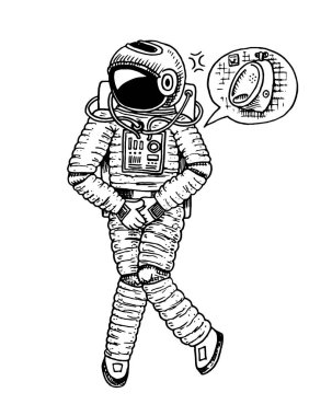 Wc tuvalet simgesi olan astronot uzay adamı. astronomik galaxy alan. kozmonot macera keşfedin. oyulmuş elle çizilmiş eski kroki.
