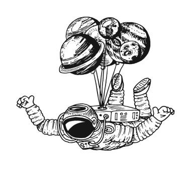 Astronot uzay adamı balonlar moon, Güneş Dünya, ile Venüs mars. astronomik galaxy alan. kozmonot macera keşfedin. gezegenler Güneş sisteminde. oyulmuş elle çizilmiş eski kroki.