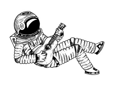 Astronot veya gitar ile yükselen uzay adamı. Astronomik gökada uzayda macera. kozmonot gezegenler Güneş sisteminde araştırıyor. oyma el çizilmiş kroki