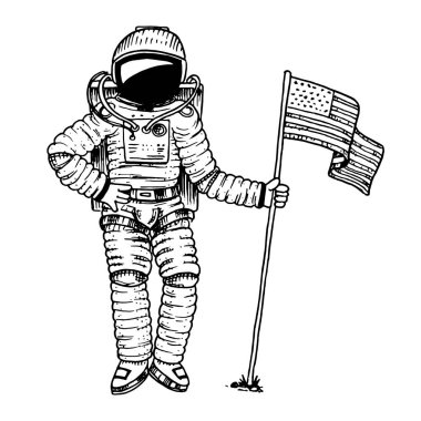 Astronot veya ABD bayrağı ile yükselen uzay adamı. astronomik gökada uzayda macera. kozmonot gezegenler Güneş sisteminde araştırıyor. oyma el çizilmiş kroki.