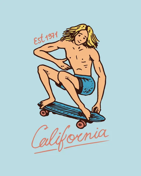 Kaykay için etiket. Genç yönetim kurulu veya longboard ile kentsel patenci adam. Kentsel yönetim kurulu kırık. rozet amblemi t-shirt tipografi. oyma el tek renkli vintage tarzı çizilmiş kroki.