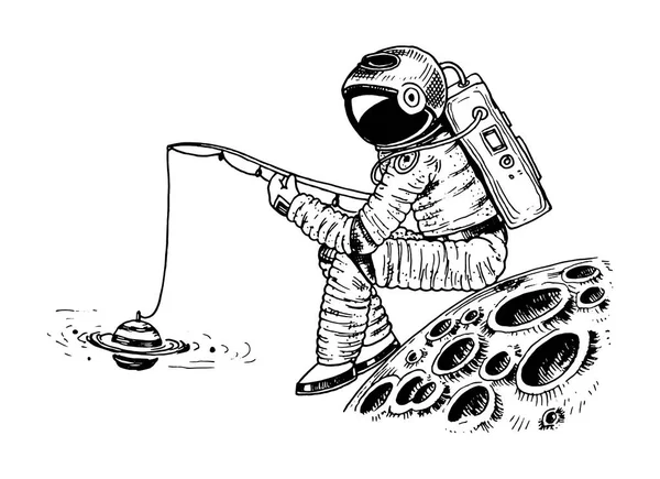 Um astronauta com uma vara de pesca na lua. espaço astronómico galáctico. Cosmonauta engraçado explorar aventura. mão gravada desenhada em esboço antigo . —  Vetores de Stock
