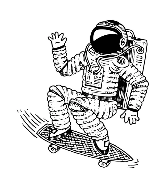 Astronaut skyhöga med skateboard. Dansande spaceman. äventyr i astronomiska galaxen rymden. kosmonaut utforskar planeterna i solsystemet. graverade hand ritad skiss — Stock vektor