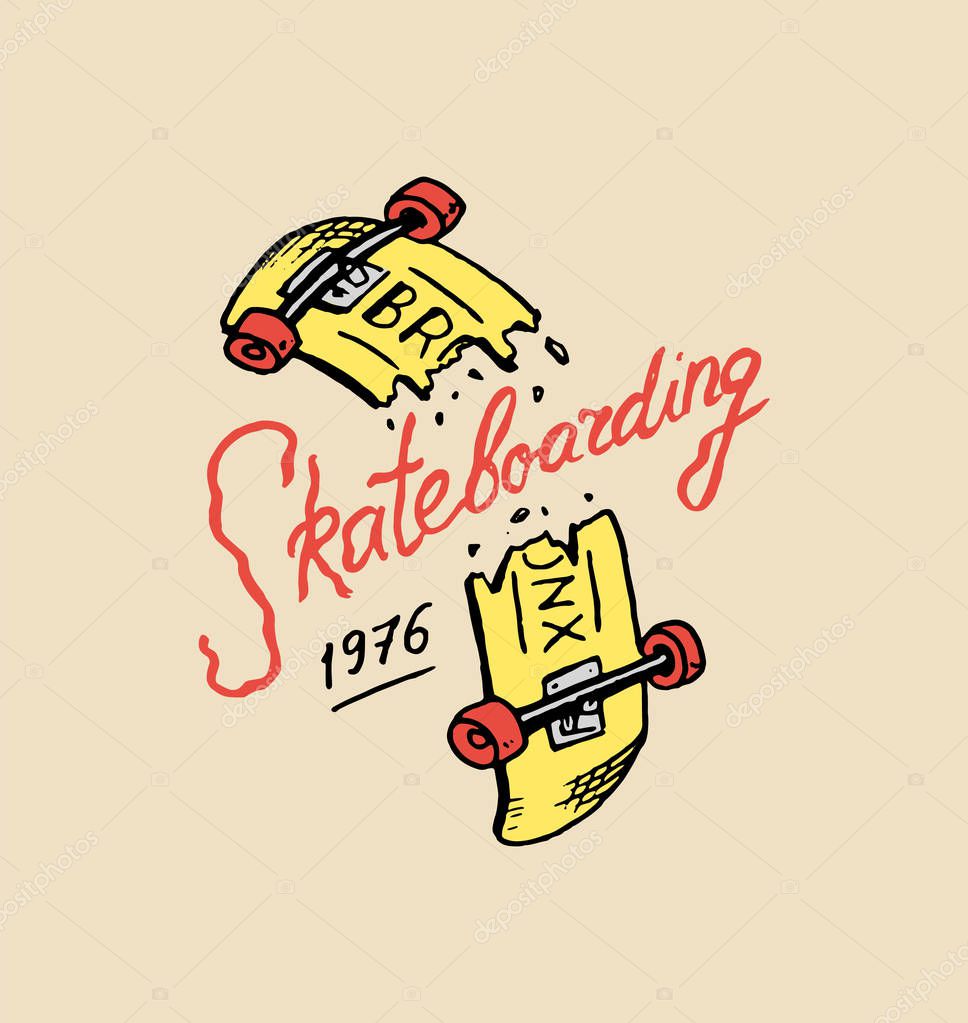 Label for Skateboarding. Urban longboard for Skater. Urban broken board. badge emblem t-shirt typography. engraved hand drawn sketch in monochrome vintage style
