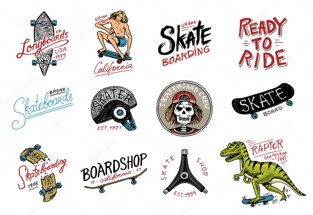 Set of Skateboarding labels logo. Skater Dinosaur tyrannosaur rex rides on the board.. Urban design for badges, emblems t-shirt typography. engraved hand drawn sketch in monochrome vintage style
