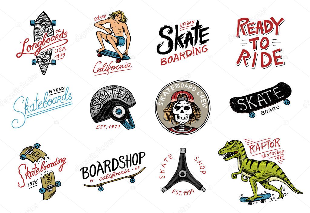 Set of Skateboarding labels logo. Skater Dinosaur tyrannosaur rex rides on the board.. Urban design for badges, emblems t-shirt typography. engraved hand drawn sketch in monochrome vintage style.