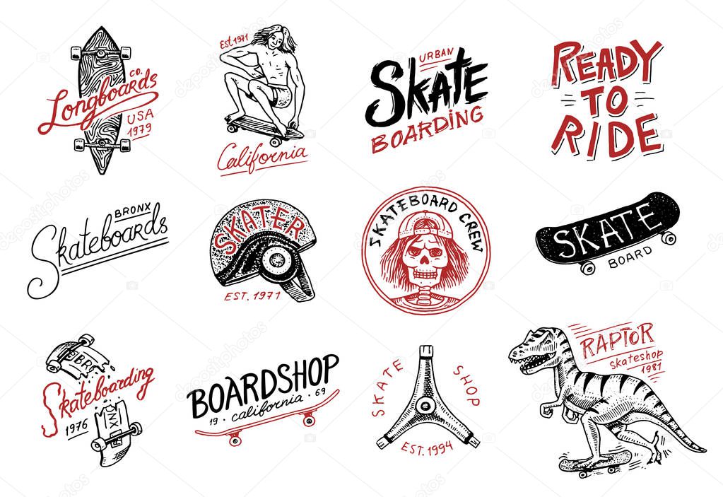 Set of Skateboarding labels logo. Skater Dinosaur tyrannosaur rex rides on the board.. Urban design for badges, emblems t-shirt typography. engraved hand drawn sketch in monochrome vintage style