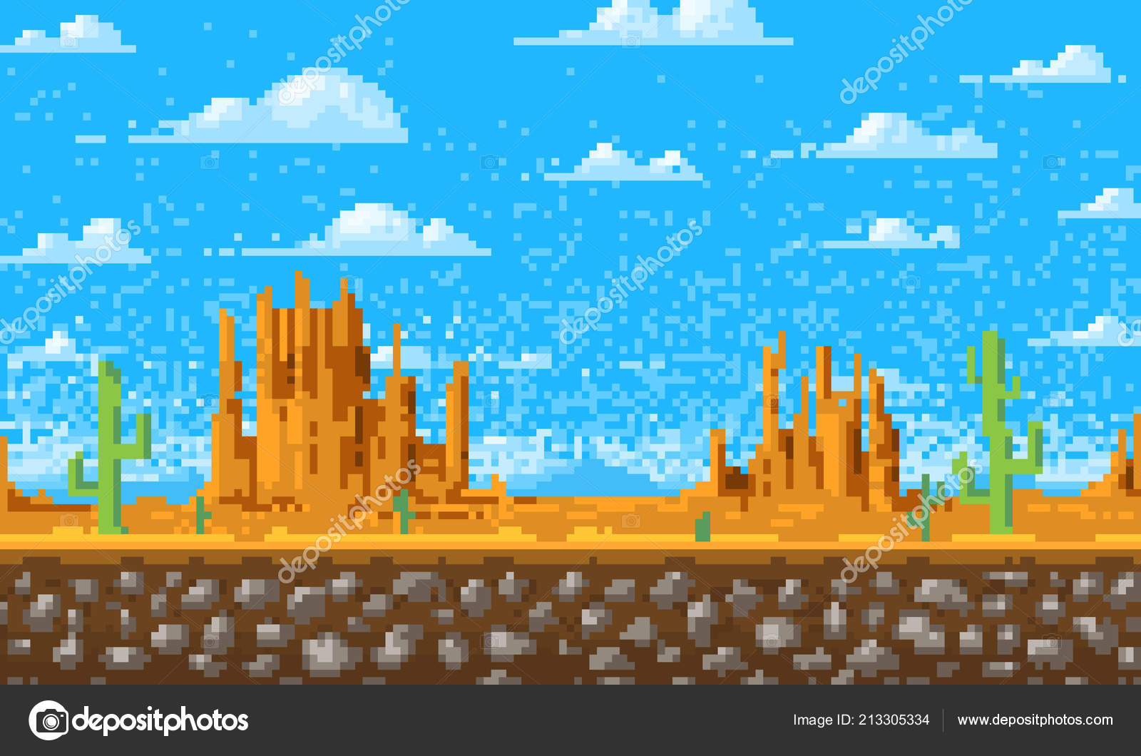 Retrô Do Sol E Da Paisagem Montanhosa No Estilo Pixel Art, 8 Bits