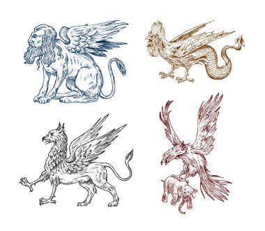 Mitolojik hayvanlar. Sfenks Griffin efsanevi Basilisk antika Roc. Antik kuşlar, eski vintage tarzı fantastik yaratıklar. Oyma el çekilmiş eski kroki.