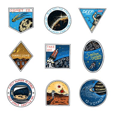 Uzay logosunu görmeniz gerekir. Astronomik galaksinin keşfi. Mars misyon. Astronot ya da uzaylı macera. Gezegen ve uyduları rozet amblemi yama sticker. oyulmuş elle çizilmiş Vintage kroki.