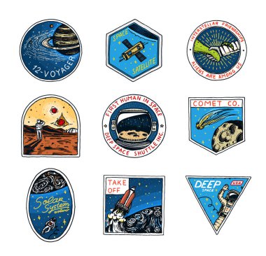 Uzay logo kümesi. Mars'a insan görev. Astronomik galaksinin keşfi. Astronot ya da uzaylı macera. Gezegen ve uyduları rozet amblemi yama sticker. oyulmuş elle çizilmiş Vintage kroki