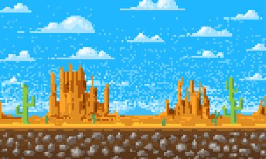 Manzara arka plan, piksel sanat, 8-bit oyun dijital vintage tarzı. arabirimi uygulama veya web sitesi için. bulutlar dağların üzerinden. Monument Valley.