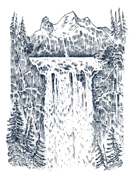 Cascade en arrière-plan des montagnes. Paysage de la nature dans la forêt. Gravure à la main dans un vieux croquis et un style vintage monochrome. Carte postale de voyage . — Image vectorielle