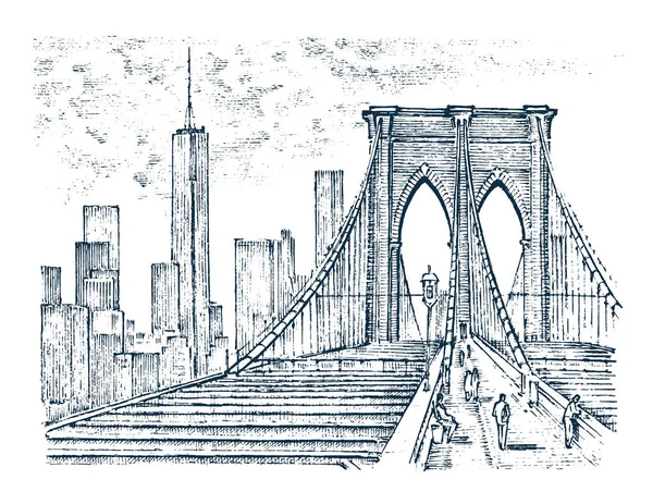 Ιστορική αρχιτεκτονική με κτίρια, προβολή προοπτικής. Εκλεκτής ποιότητας τοπίου. Γέφυρα του Μπρούκλιν, Νέα Υόρκη. Χαραγμένο χέρι σε παλιό σκίτσο και μονόχρωμα. Ταξιδιωτικά καρτ ποστάλ. — Διανυσματικό Αρχείο