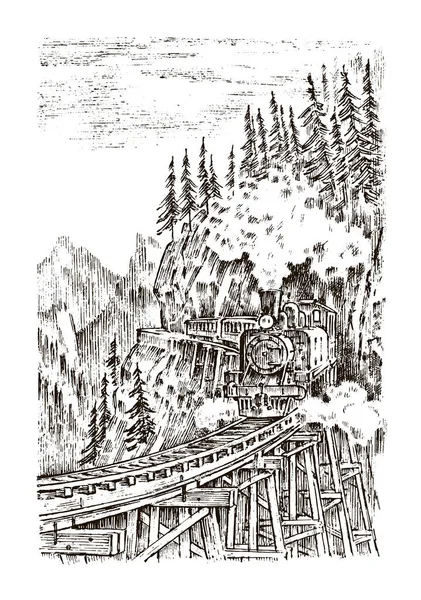 Un tren o una locomotora pasa a través de un túnel. Paisaje de la naturaleza. Roca contra el fondo del bosque. Vintage mano grabada dibujada en boceto viejo . — Vector de stock