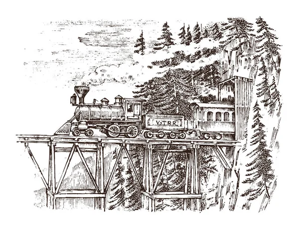 列車や機関車がトンネルを通過します。自然の風景。森の背景にロック。ビンテージの刻まれた手の古いスケッチの描き. — ストックベクタ