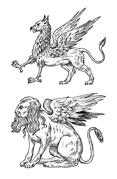 Mythologische Tiere. mythische Sphinx und antiker Greif. Alte Vögel, fantastische Kreaturen im alten Vintage-Stil. gravierte handgezeichnete alte Skizze. — Stockvektor