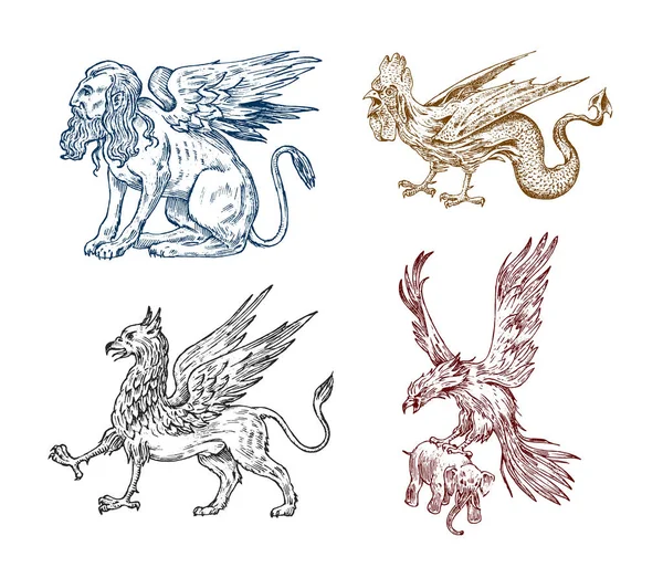 Mitológiai állatok. Szfinx Griffin mitikus Baziliszkusz antik Roc. Az ősi madarak, fantasztikus lények, a régi vintage stílusban. Vésett kézzel rajzolt régi vázlat. — Stock Vector