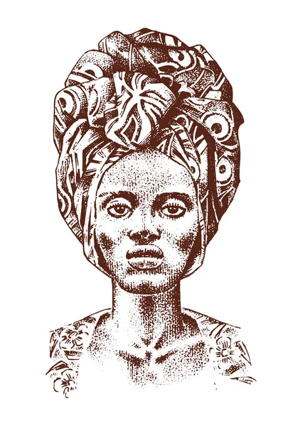 Mulher africana, retratos de aborígenes em trajes tradicionais. Uma fêmea nativa guerreira. Gravado mão desenhada velho monocromático Vintage esboço para etiqueta . —  Vetores de Stock