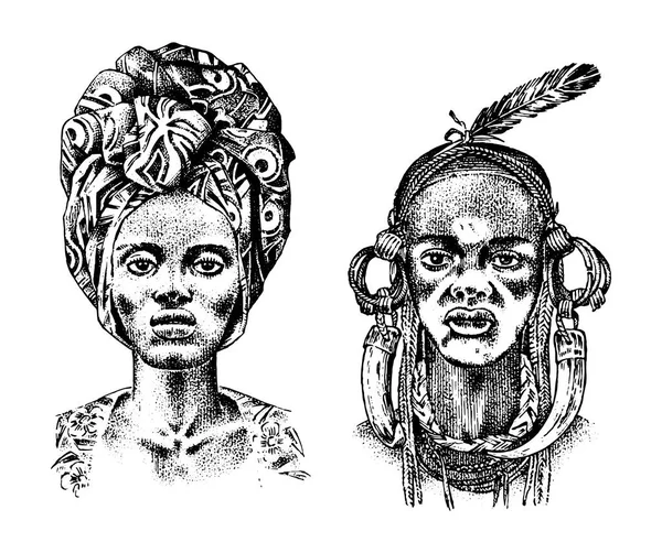 アフリカ女性、アボリジニの伝統的な衣装の肖像画。好戦的なネイティブの女性。ラベルに刻まれた手描き古い白黒ヴィンテージ スケッチ. — ストックベクタ