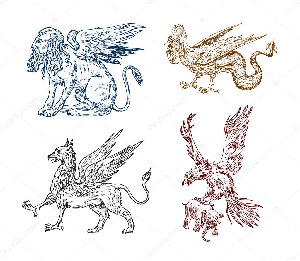 Mythological animals. Sphinx Griffin Mythical Basilisk antique Roc. Ancient Birds, fantastic creatures in the old vintage style. Engraved hand drawn old sketch.