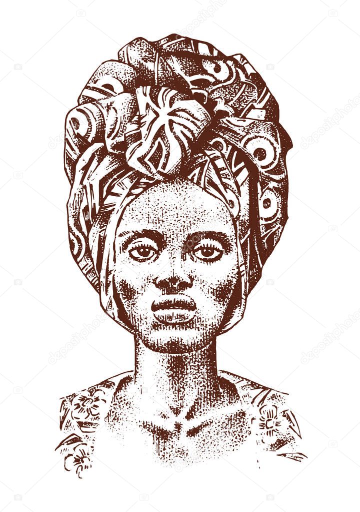 African woman, portraits of Aborigines in traditional costumes. Warlike native female. Engraved hand drawn old monochrome Vintage sketch for label.