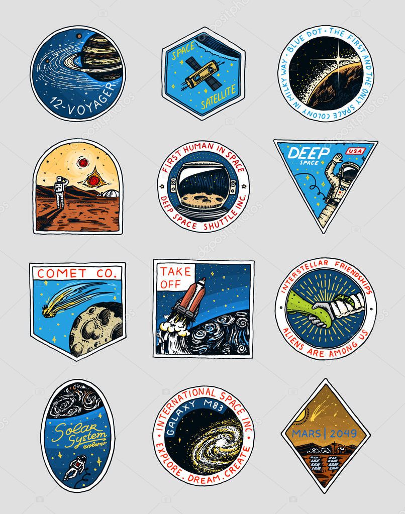 Space logo. Exploration of the astronomical galaxy. Mission Mars. Astronaut or spaceman adventure. Planets and satellites badge emblem patch sticker. engraved hand drawn Vintage sketch