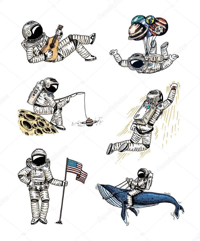 Set of Astronauts in space. Collection soaring spaceman with flag, whale and balloons. dancer musician adventure in the galaxy. Homeless traveler engraved hand drawn comic sketch.