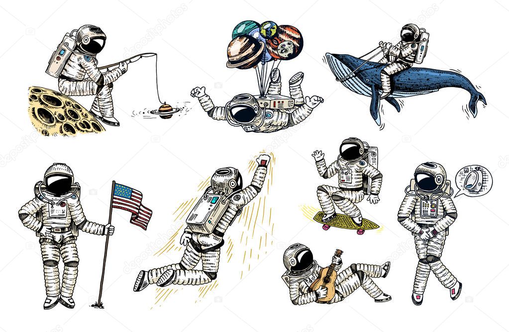 Set of Astronauts in space. Collection soaring spaceman with flag, whale and balloons. dancer musician skateboarder adventure in the galaxy. Homeless traveler engraved hand drawn comic sketch.